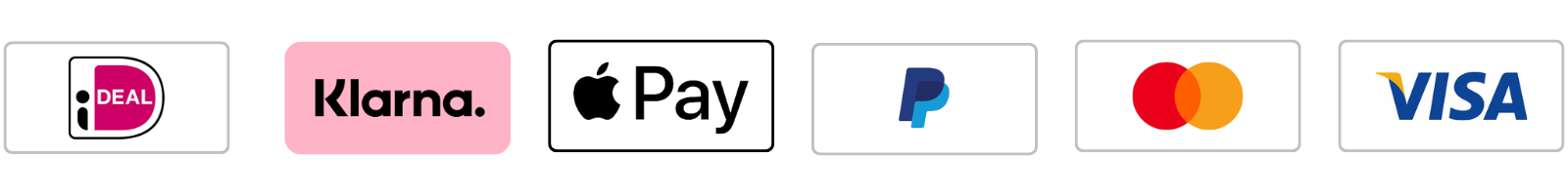 Rij von sechs Zahlungslogos: iDEAL, Klarna, Apple Pay, PayPal, Mastercard und Visa.